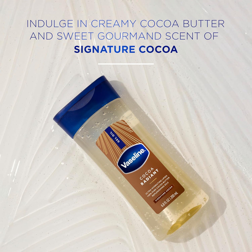 Vaseline Intensive Care Cocoa Radiant Pack Of 3 For Glowing Skin Body Gel Oil Made With Pure Cocoa Butter + Replenishing Oils 6.8 Fl Oz