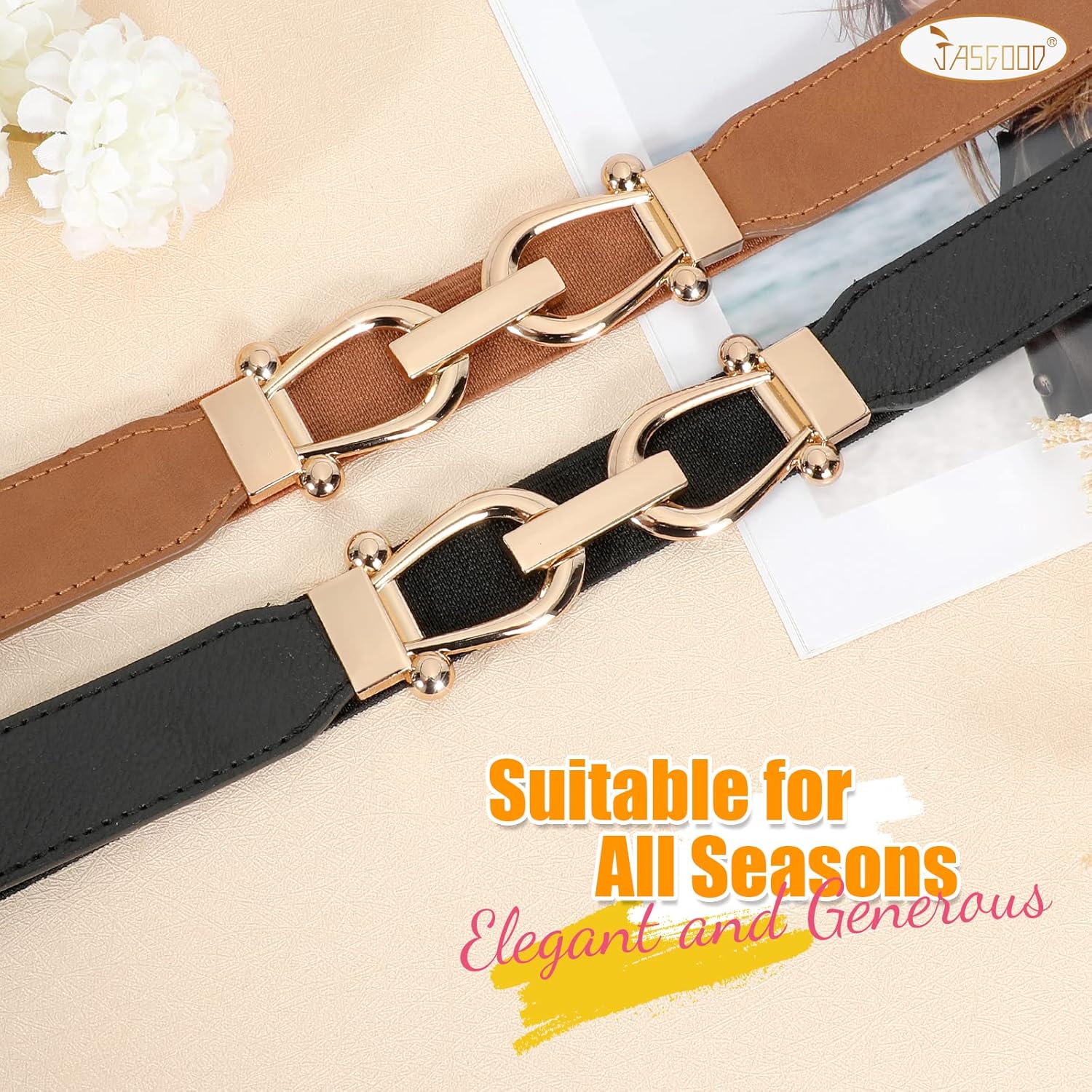 JASGOOD Women Stretchy Waist Belt Retro Elastic Skinny Belt for Ladies with Gold Buckle
