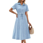 Anrabess Women Summer Short Sleeve Midi Dress, Striped & Gingham, Casual A-Line Button Collar Shirt Dress, Beach & Vacation