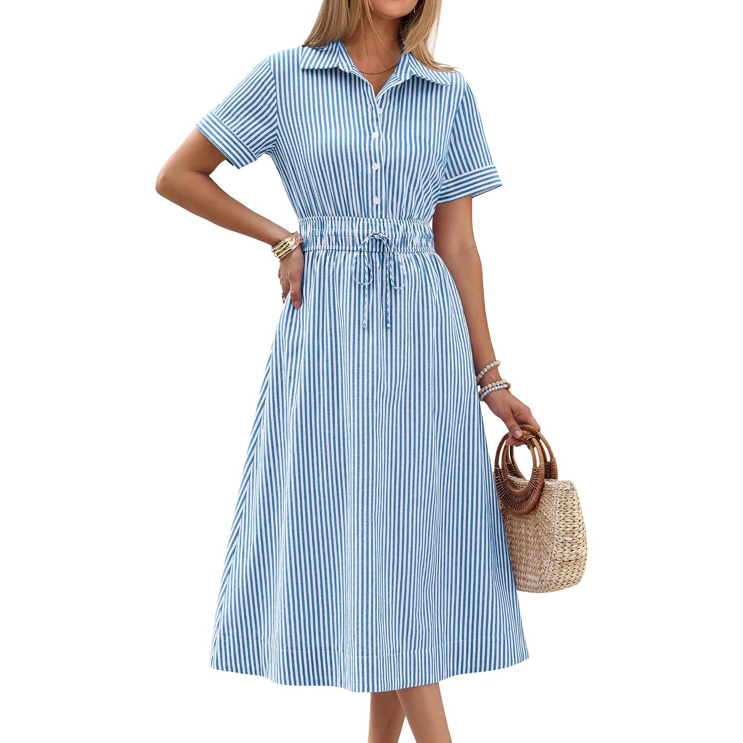 Anrabess Women Summer Short Sleeve Midi Dress, Striped & Gingham, Casual A-Line Button Collar Shirt Dress, Beach & Vacation