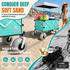 Beach Wagon With Big Balloon Wheels For Sand, 200L Extra Large Beach Cart With Canopy, 440Lbs Heavy Duty Folding Wagon Collapsible With 9" Tires & Side Pocket For Beach, Outdoor, Light Blue