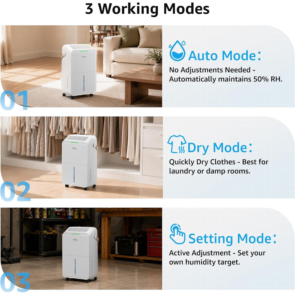 Knka 2500 Ft² Max 34 Pints Dehumidifier For Basement With Drain Hose, White | Dehumidifiers For Home, Bedroom, Bathroom, Large Room, Three Modes, Intelligent Humidity Control, Dry Clothes, 24Hr Timer