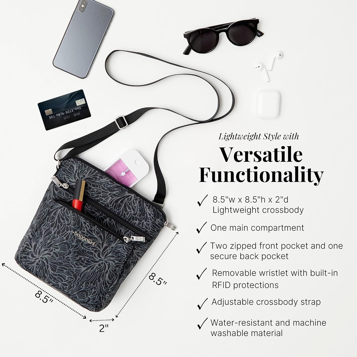 Baggallini Pocket Crossbody Bags For Women 8X8 Small Lightweight Durable Water-Resistant Travel Purse W/Rfid