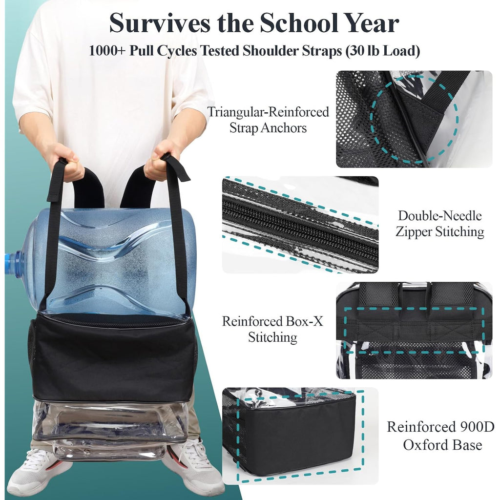 Clear Backpack For School - 18 Inch Extra Large Clear Bookbag Black | Heavy Duty 0.5Mm Pvc, 2 Large Compartments, Fit 16" Laptop, Reinforced 900D Oxford Base, Padded Straps And Back, Age 12+