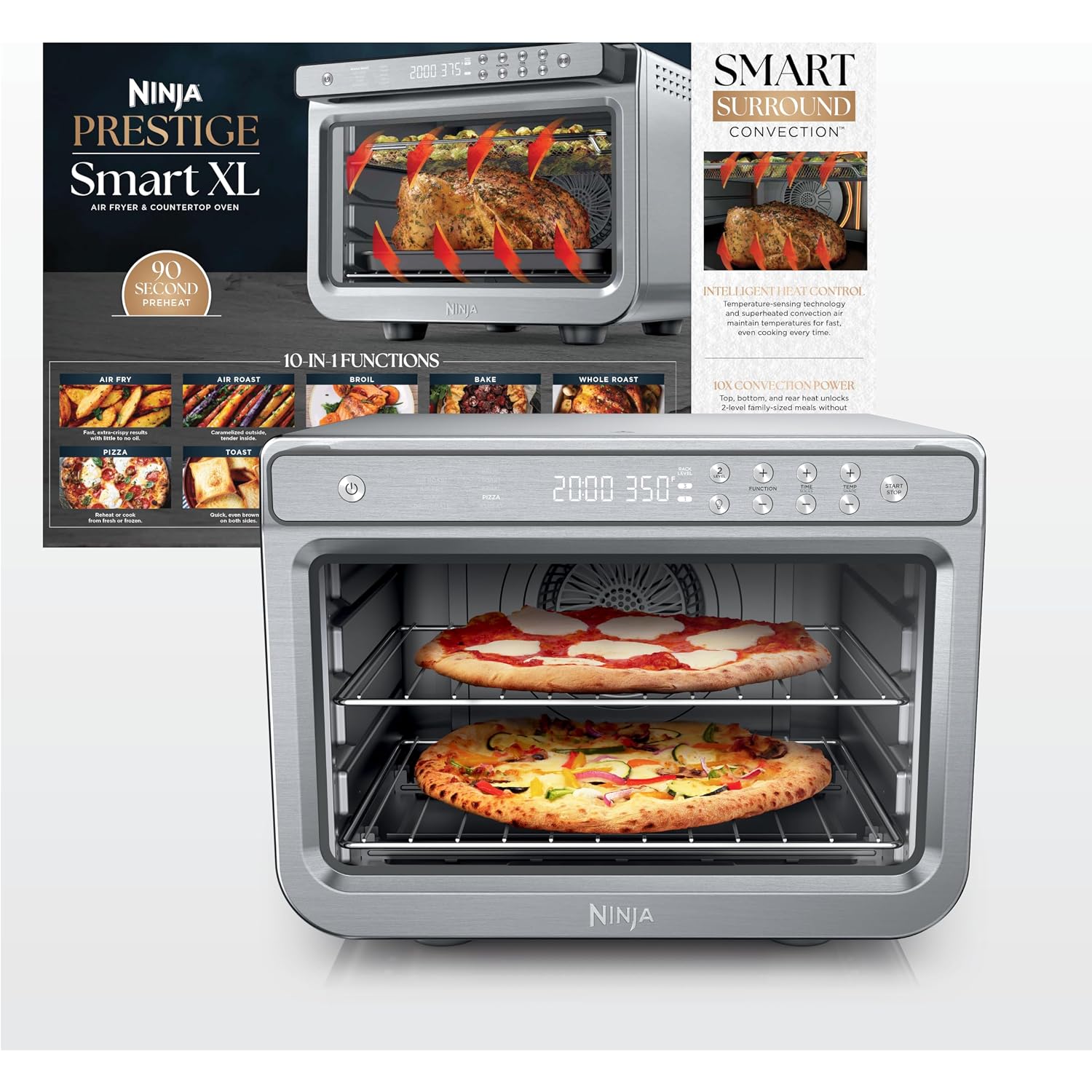 Ninja Air Fryer & Toaster Oven Combo | 10-In-1 Prestige Smart Xl Countertop Oven | Bake Up To 20 Cookies, Fit Up To A 12Lb Turkey | Pizza, Toast, Bake, Dehydrate | 1800 Watt | Stainless Steel | Dt501