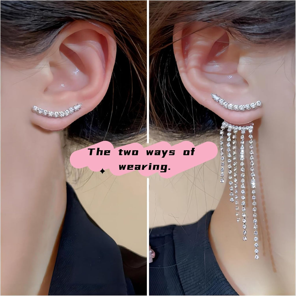 Silver Rhinestone Tassel Earrings for Women Long Tennis Prom Earrings Crystal Chain Dangle Earrings Wedding Party Jewelry (A)