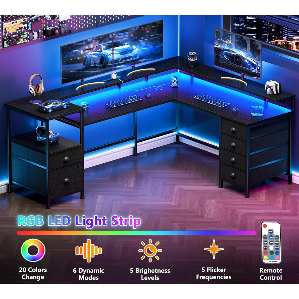Furologee 66" Reversible L Shaped Gaming Desk With 6 Drawers & Printer Storage Shelves, Corner Computer Desk With Power Outlets & Led Lights, Home Office Table With Monitor Stand, Black