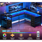 Furologee 66" Reversible L Shaped Gaming Desk With 6 Drawers & Printer Storage Shelves, Corner Computer Desk With Power Outlets & Led Lights, Home Office Table With Monitor Stand, Black