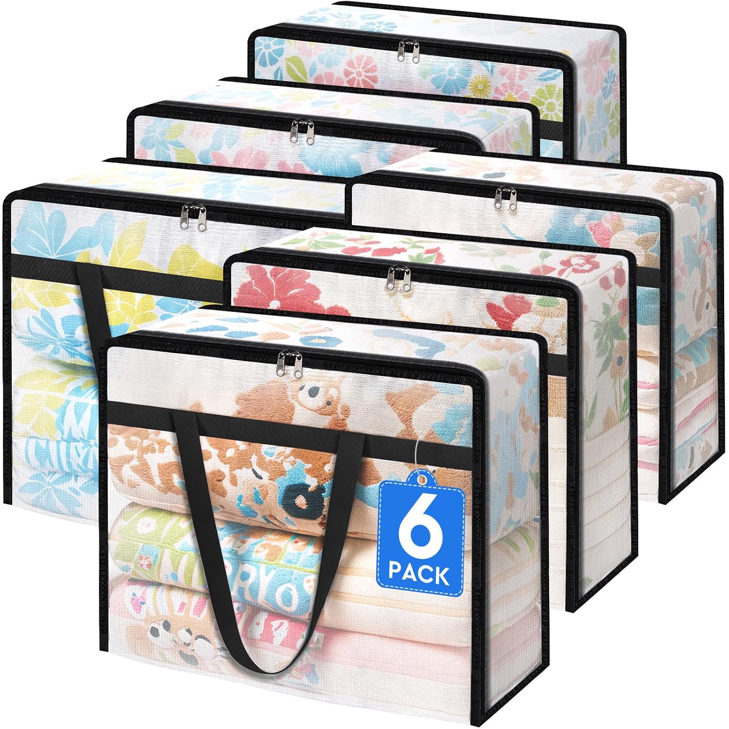 6 Pack Clear Storage Bags For Comforter, Clothes & Bedding, Plastic Blanket Storage With Zipper And Handle, Moving Bags, Closet Organizer And Under-Bed Storage (40L)