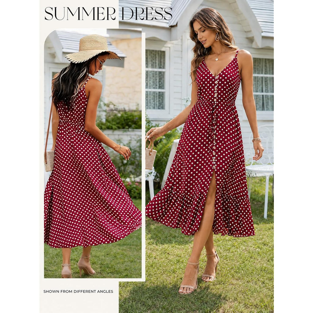 Brovave Women'S 2026 Summer Casual Boho Sundress Polka Dot Spaghetti Strap V Neck Flowy Midi Dresses