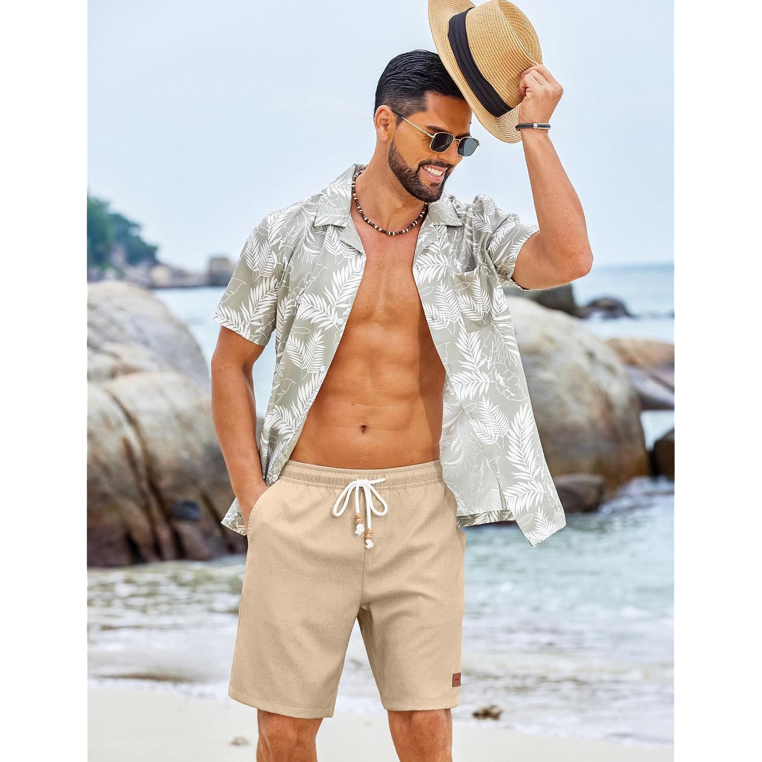 Coofandy Mens Summer Beach Shorts Casual Elastic Waist Drawstring Short Vacation Shorts With Pockets