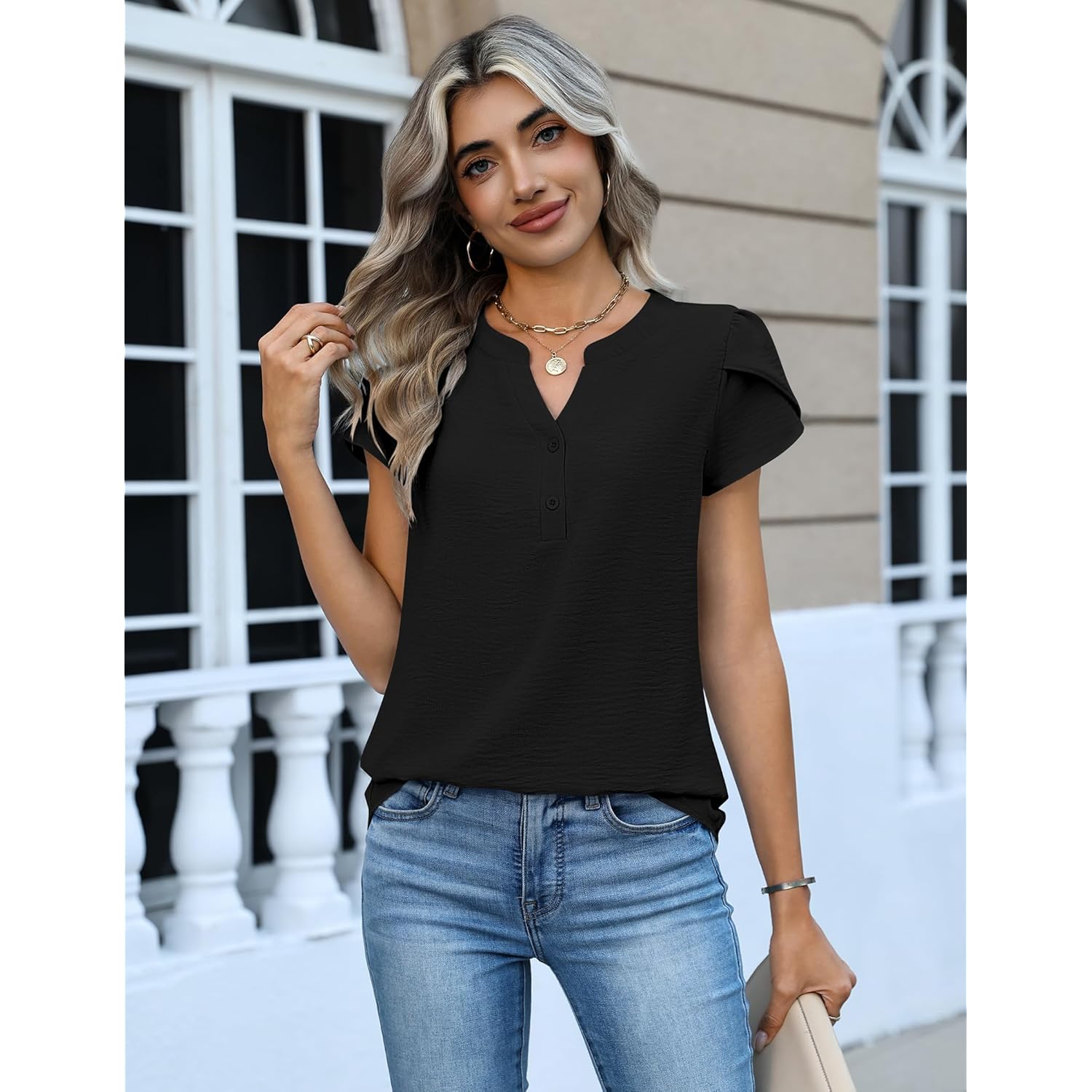 Womens Tops Dressy Casual Textured Blouses Cap Short Sleeve Shirts V Neck Button Up Summer Spring Work Tshirt Clothes