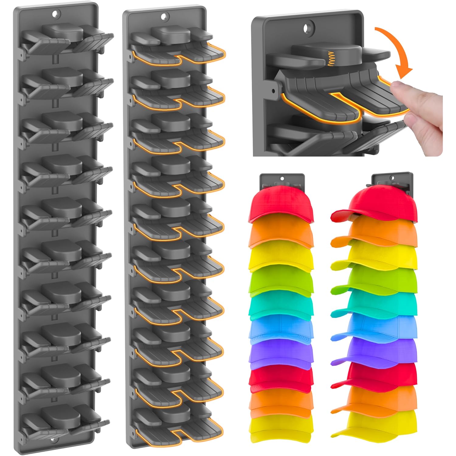 Hat Organizer For Baseball Caps 2 Packs With Built-In Spring Clips - Wall Mount Closet Hat Rack Holder,Storage For Door/Closet Display Hat Racks Hanger (Strong Adhesive & Screws) Matte Black.