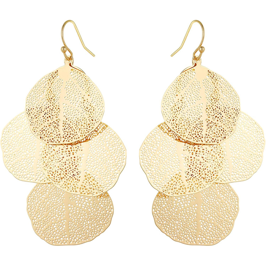 Bohemian Boho Filigree Leaf Chandelier Dangle Earrings for Women – Handcrafted Delicate – 14K Gold Plated – Lightweight