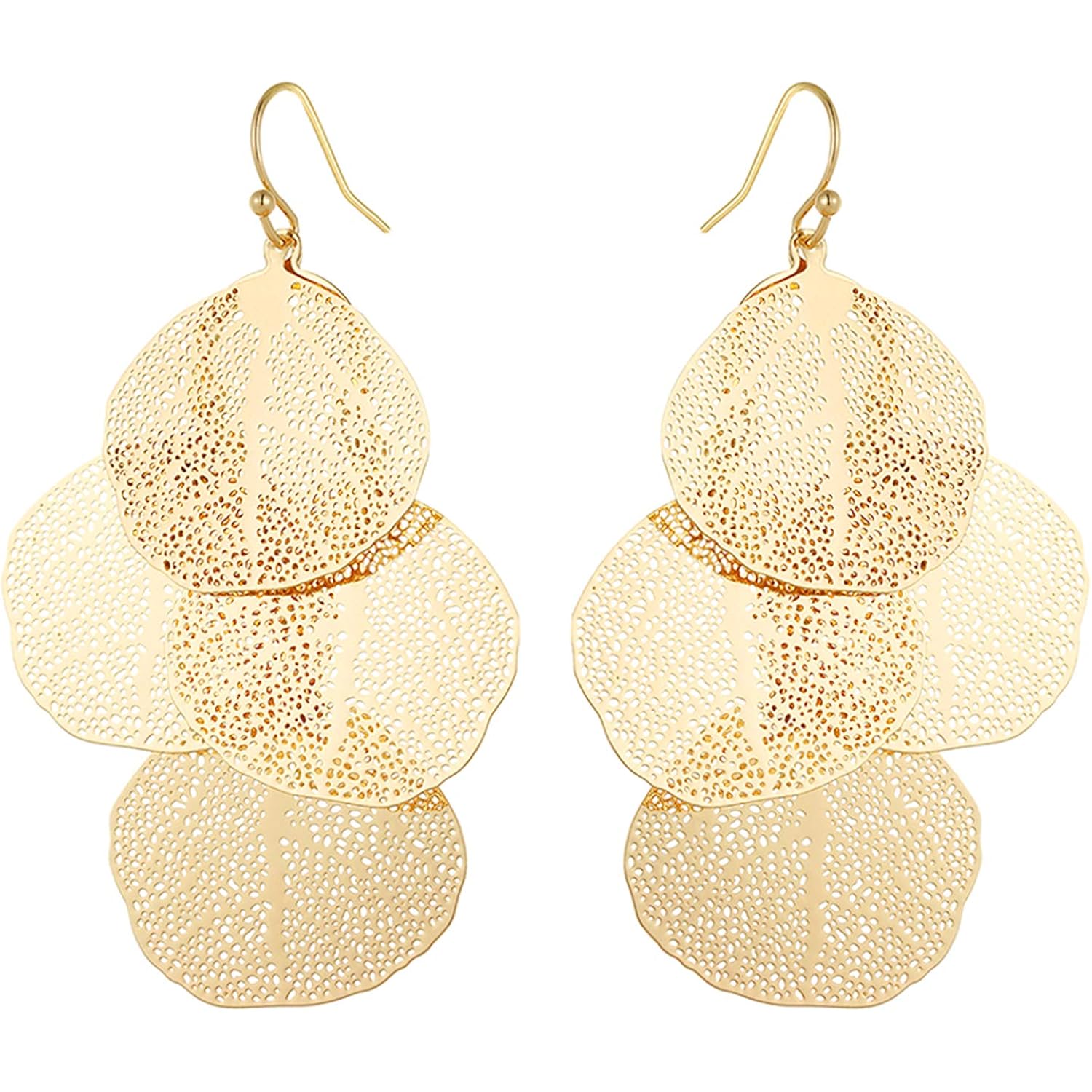 Bohemian Boho Filigree Leaf Chandelier Dangle Earrings for Women – Handcrafted Delicate – 14K Gold Plated – Lightweight