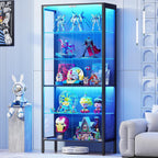 Glass Display Cabinet, 5-Tier Display Case With Adjustable Glass Shelves, Metal Curio Cabinet With 3 Color Lights For Collectibles, Bookcase With Human Body Sensor, Black