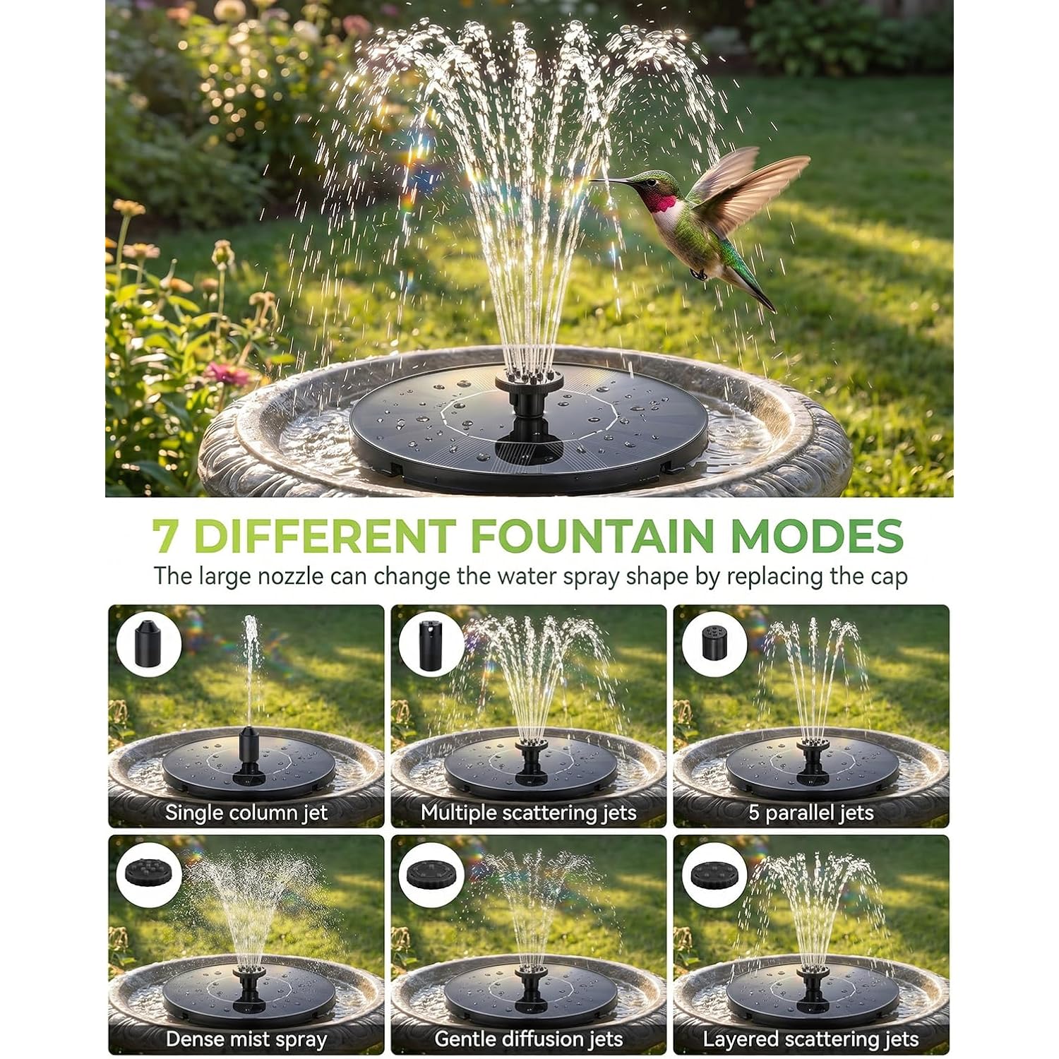 Solar Fountain For Bird Bath, 2026 Upgrade 1.4W Solar Water Fountain Pump With 7 Nozzles, 4 Fixed Pipes, Outdoor Standing Floating Solar Fountain For Garden, Ponds, Pool, Fish Tank, 6.3 Inch