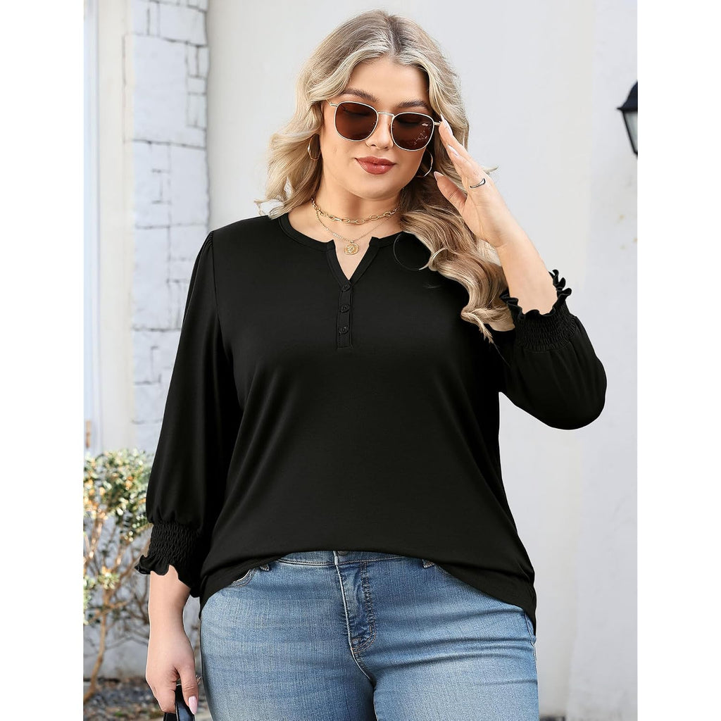 LOMON Womens Plus Size Tops 3/4 Sleeve Blouses Shirts Casual V Neck Loose Tunic Tops 1X-5X