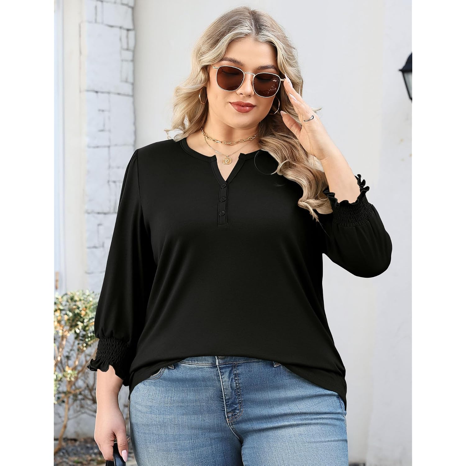LOMON Womens Plus Size Tops 3/4 Sleeve Blouses Shirts Casual V Neck Loose Tunic Tops 1X-5X