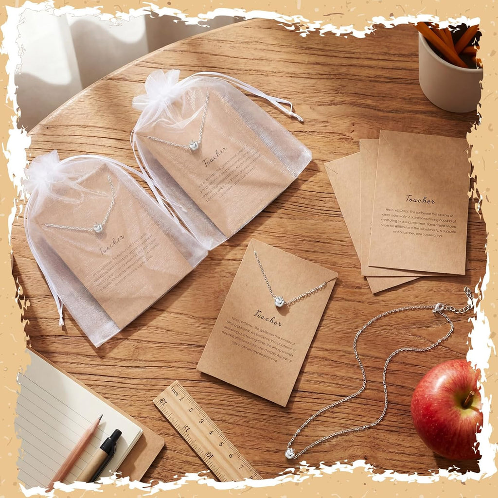 20 Sets Teacher Appreciation Gifts for Women Bulk Silver Apple Necklace Dainty Thank You Gifts Teacher Appreciation Week Graduation Party Favors with Card and Organza Bags(Silver)