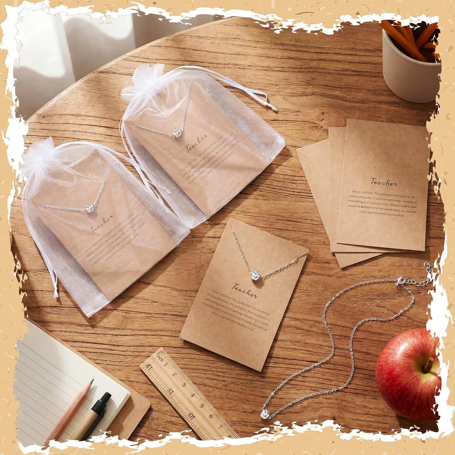 20 Sets Teacher Appreciation Gifts for Women Bulk Silver Apple Necklace Dainty Thank You Gifts Teacher Appreciation Week Graduation Party Favors with Card and Organza Bags(Silver)