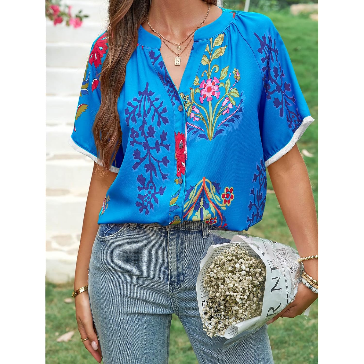 Button Down Shirts for Women Short Sleeve Boho Tops V Neck Dressy Blouses Summer Casual Outfits