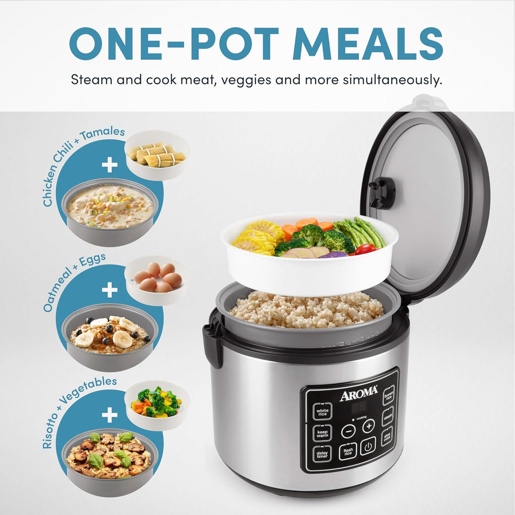 Aroma Housewares 20 Cup Cooked (10 Cup Uncooked) Digital Rice Cooker, Slow Cooker, Food Steamer, Ss Exterior (Arc-150Sb),Black