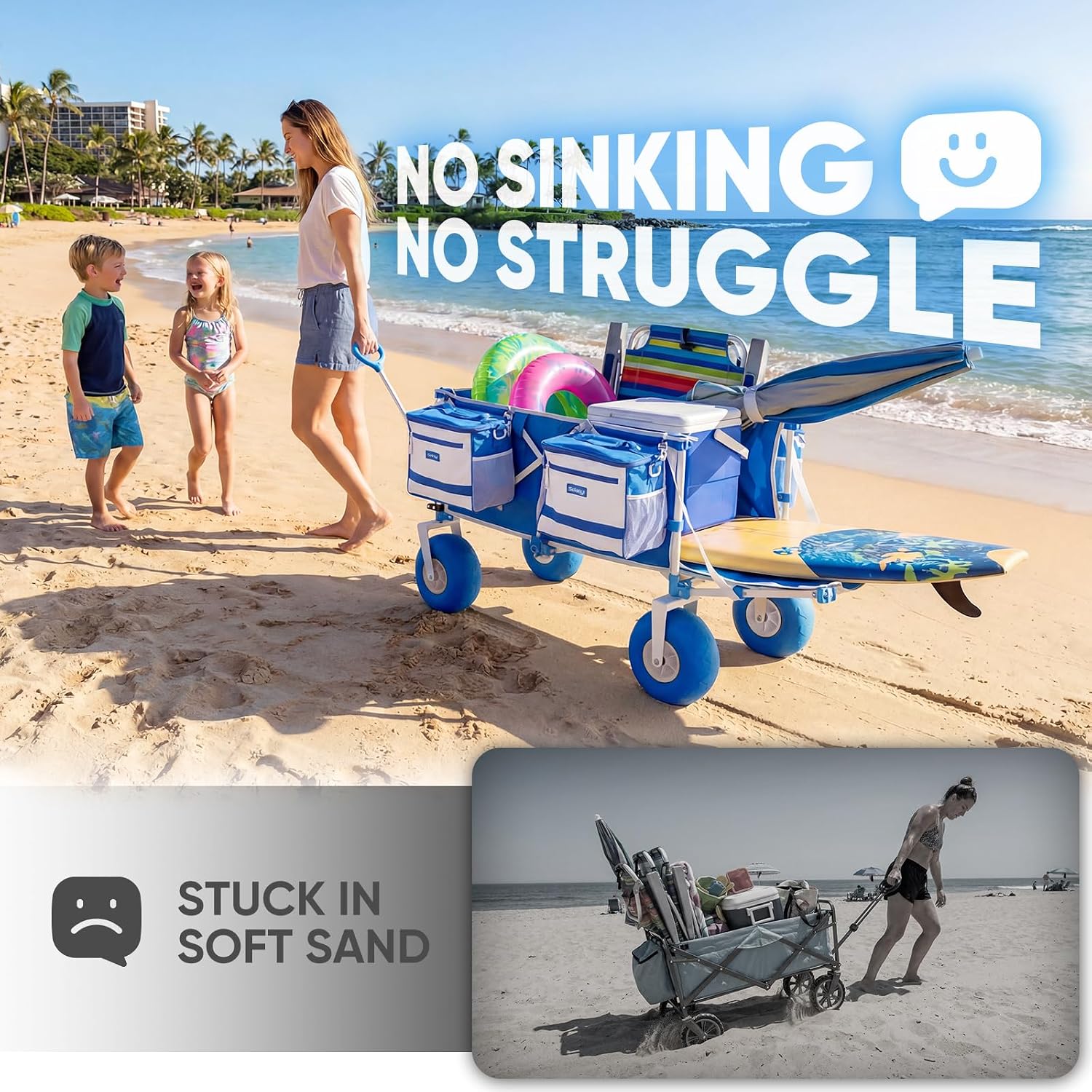 Sekey Heavy Duty Beach Wagon With 9" Big Sand-Proof Wheels, 300L Oversized Foldable Beach Cart With Cooler| Adjustable Handle & Balloon Tires For Sand, Camping,Vacation