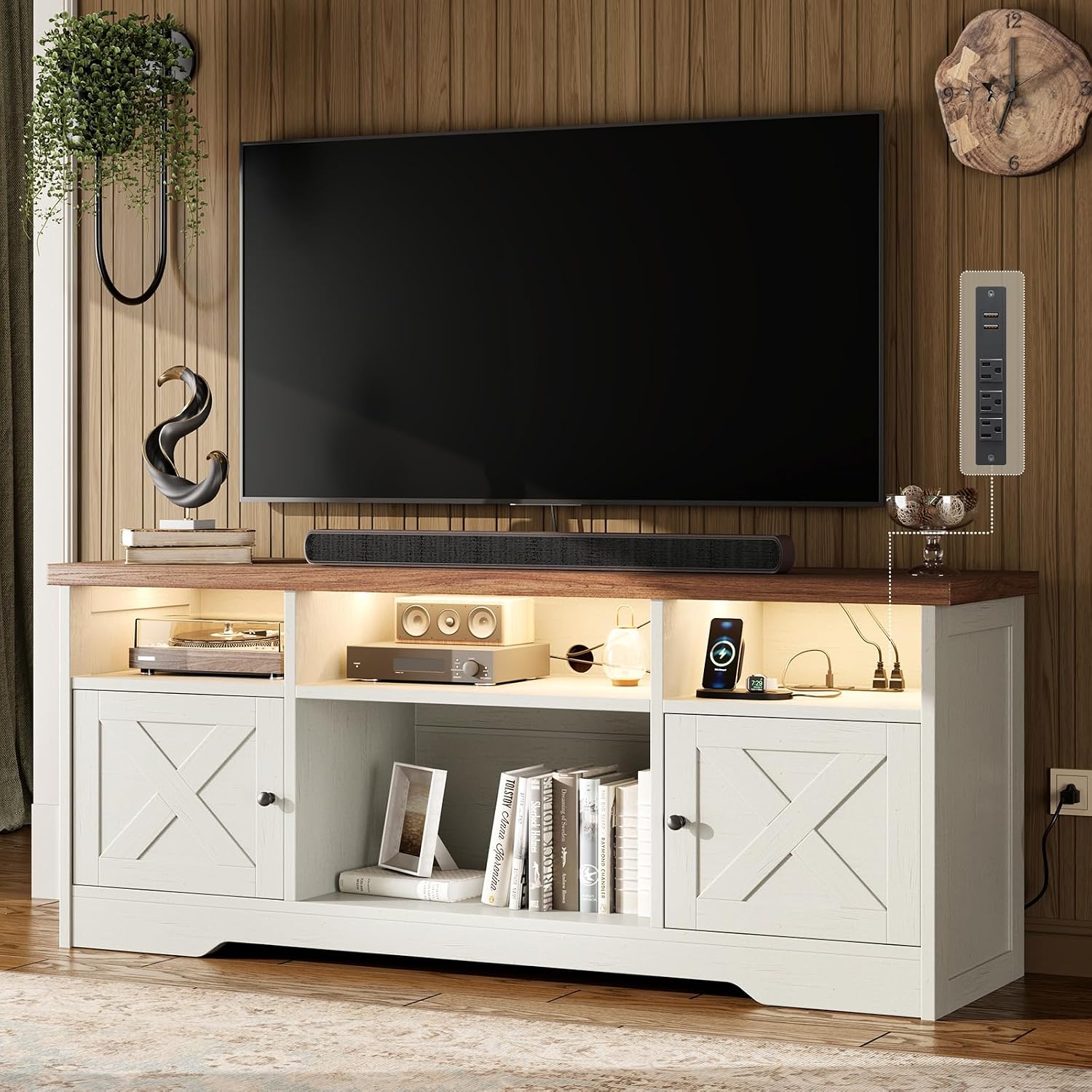 Casaottima Tv Stand For 65 Inch Tv, Farmhouse Entertainment Center With Power Outlet & Led Light And Storage Cabinets, Console Table And Media Furniture For Living Room Bedroom, White