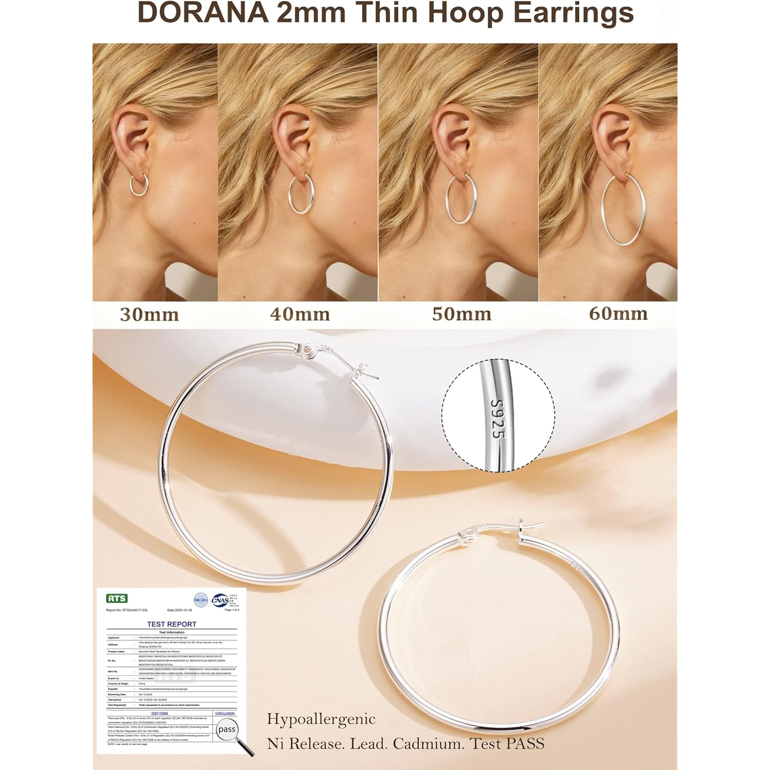 2mm Thin Large S925 Sterling Silver Hoop Earrings for Women Hypoallergenic Big Hoop Non Tarnish Earrings Lightweight 20/30/40/50/60/70mm