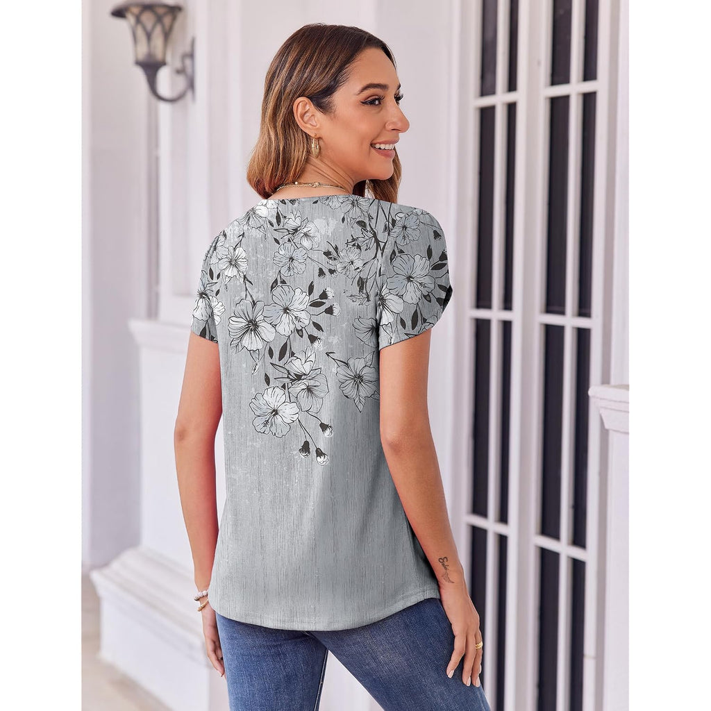 Zeagoo Womens Tops Petal Short Sleeve Summer Casual Crew Neck Shirts Floral Solid Blouse Pleated Tunics