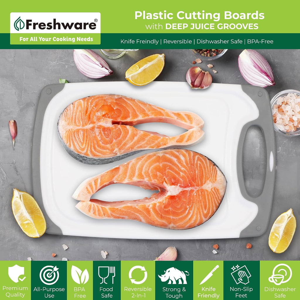 Freshware Cutting Boards For Kitchen, Chopping Board 3-Pack With Different Sizes, Juice Grooves And Non Slip Handles - Reversible, Large Cutting Board Set - Dishwasher Safe - Gray