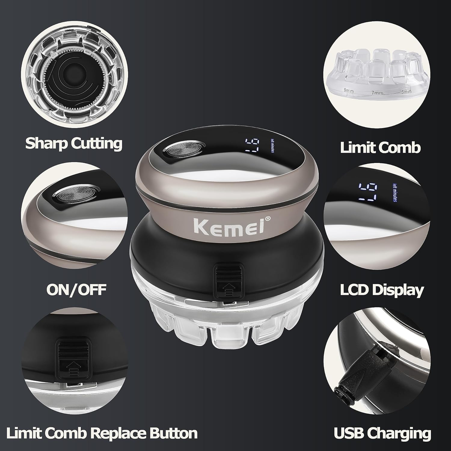 Kemei Professional Hair Clippers For Men, Automatic Circular Hair Trimmer, Cordless Self-Haircut Kit With Led Display, Km-887 Silvery