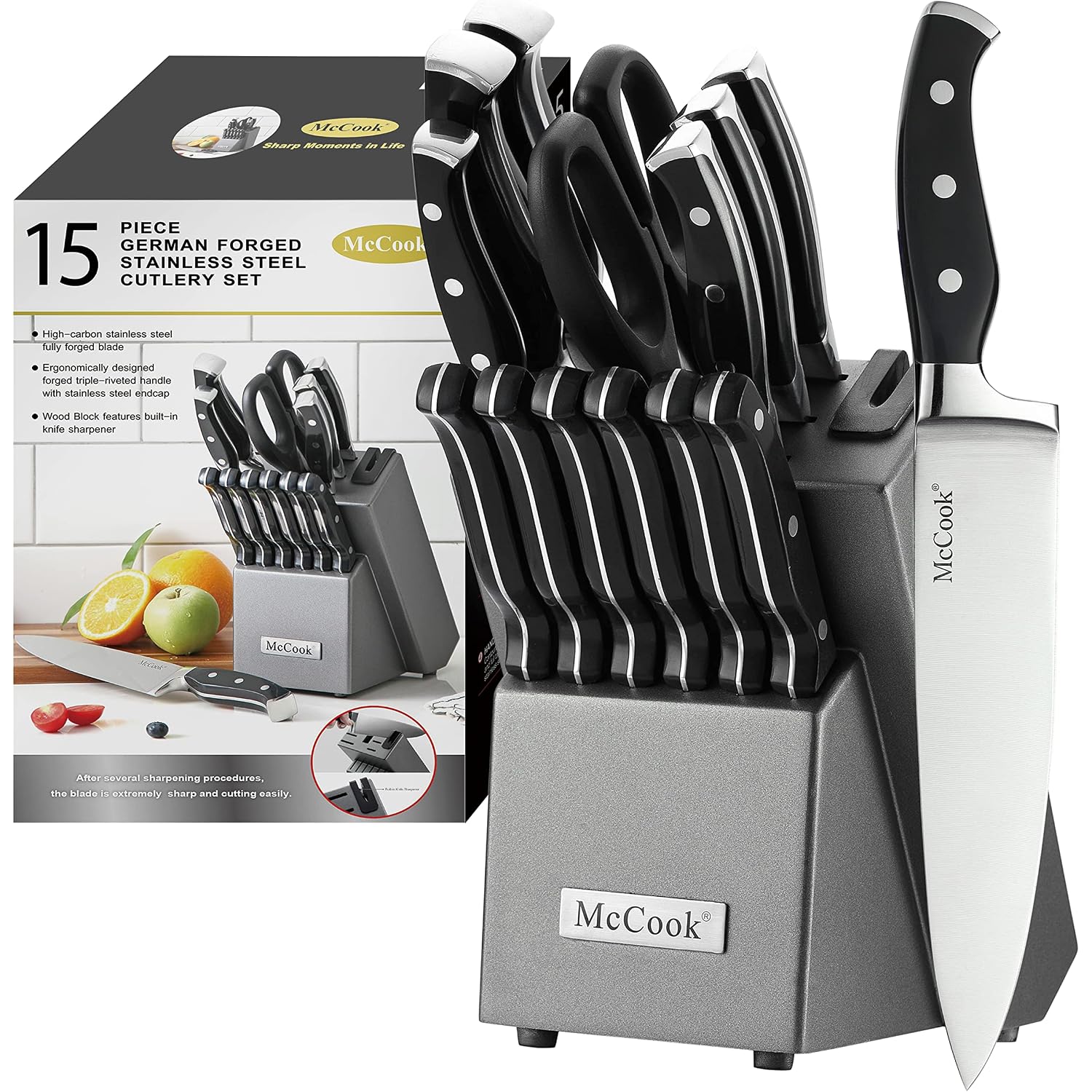 Mccook® Knife Sets,German Stainless Steel Kitchen Knife Block Set With Built-In Sharpener