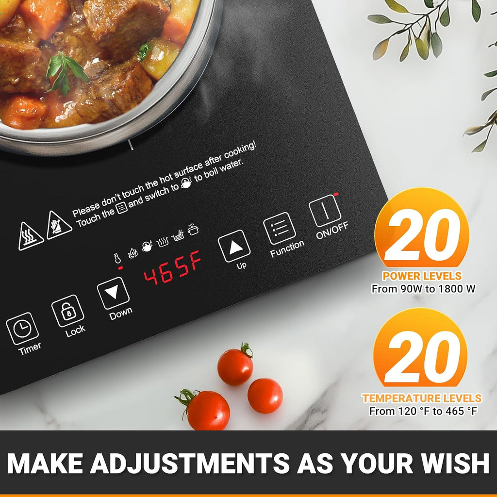 Amzchef Portable Induction Cooktop, 20 Temperature & Power Levels, 1800W | Induction Stove Burner With 6.8" Heating Coil, Low Noise Hot Plate, Single Electric Cooktops, 120°F To 465°F, 4 Hour Timer