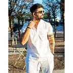Coofandy Men'S Cotton Linen Henley Shirt Short Sleeve Hippie Casual Beach T-Shirts With Pocket