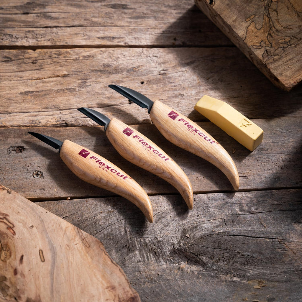 Flexcut Wood Carving Knives | Starter Set Of 3 Woodcarving Knives | 1095 High Carbon Steel Blades | Ergonomic Ash Wood Handles For Beginners And Hobbyists | Kn500 | Made In The U.S.A