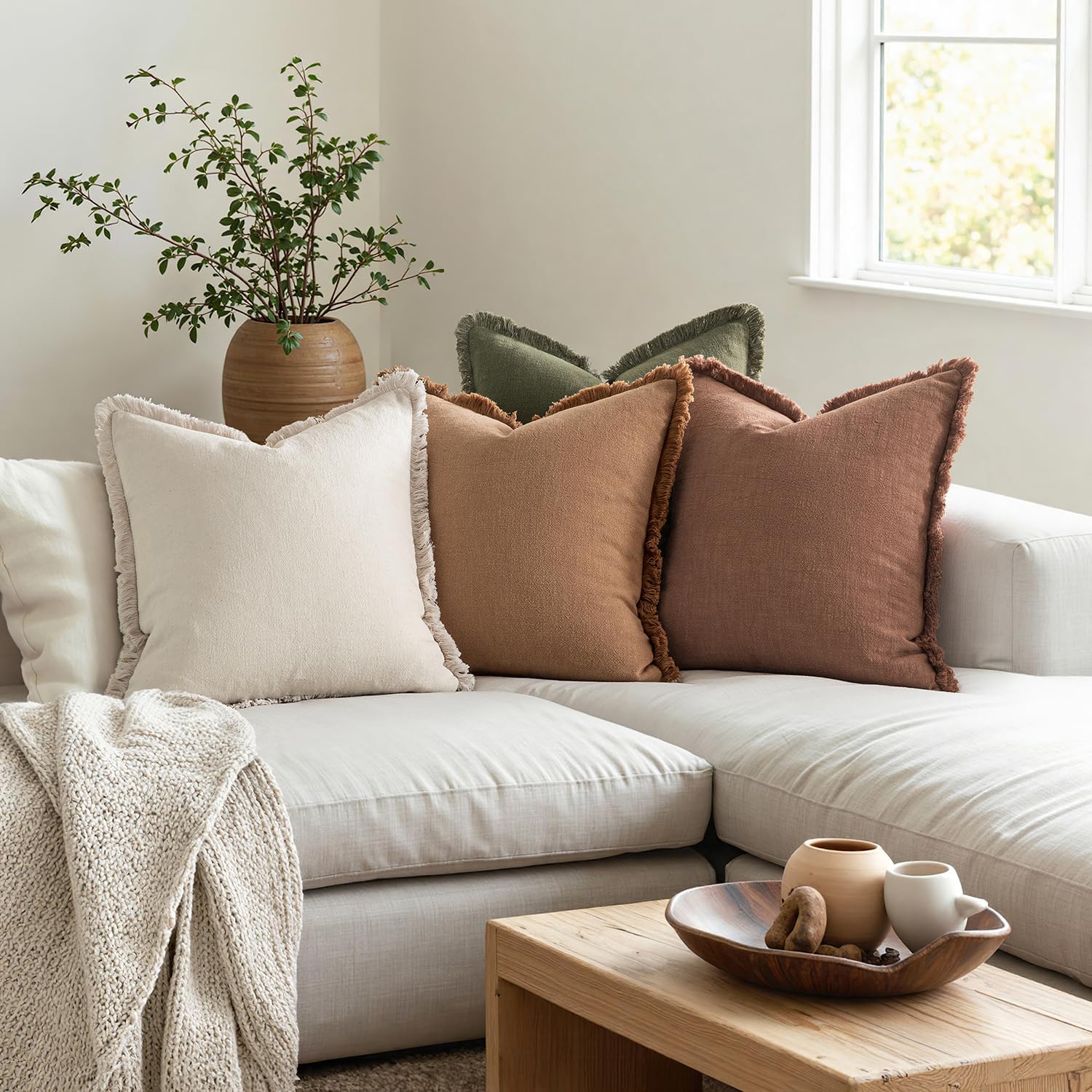 Miulee Decorative Couch Pillow Covers Neutral Linen Fringe Throw Pillows Set Of 4 Soft Rustic Cushions Boho Farmhouse Pillowcases For Bed Sofa Living Room Spring Decor 18X18 Inch Beige/Brown/Green