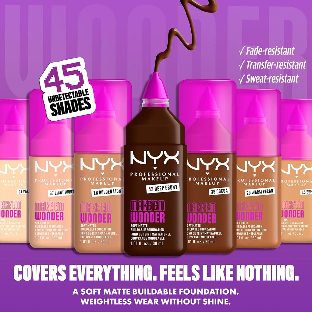 NYX PROFESSIONAL MAKEUP Make 'Em Wonder Liquid Foundation, 24HR Foundation Makeup With A Soft Matte Finish, Buildable Full Coverage - 02 Fair Porcelain