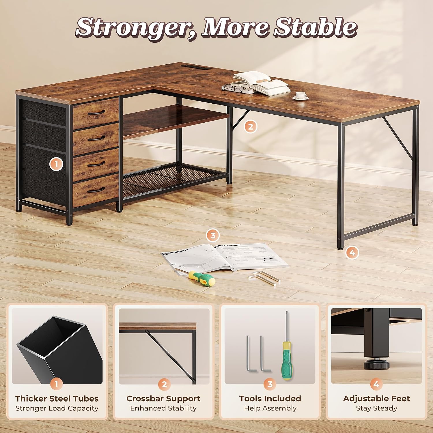 61" L Shaped Desk With Power Outlets & Usb-C Port, Reversible Computer Corner Office Desk With 4 Fabric Drawers And 2 Storage Shelves, Large Desk For Gaming Writing Study, Rustic Brown