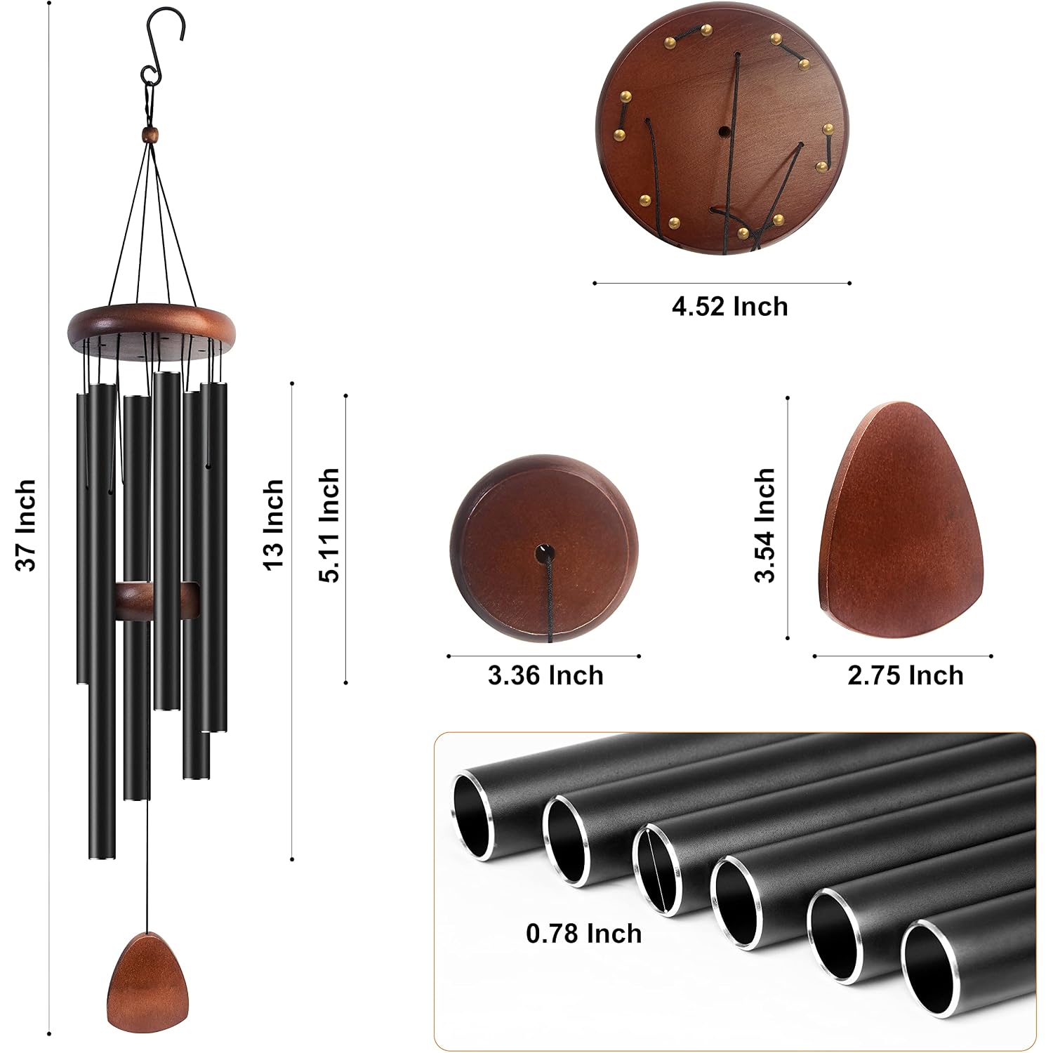 Large Aluminium Wind Chimes 37" To Create A Zen Atmosphere Suitable For Outdoor, Garden, Patio Decoration. Classic Black Wind Chime With Wind Catcher Suitable As A Gift For Mom Neighbor Unisex