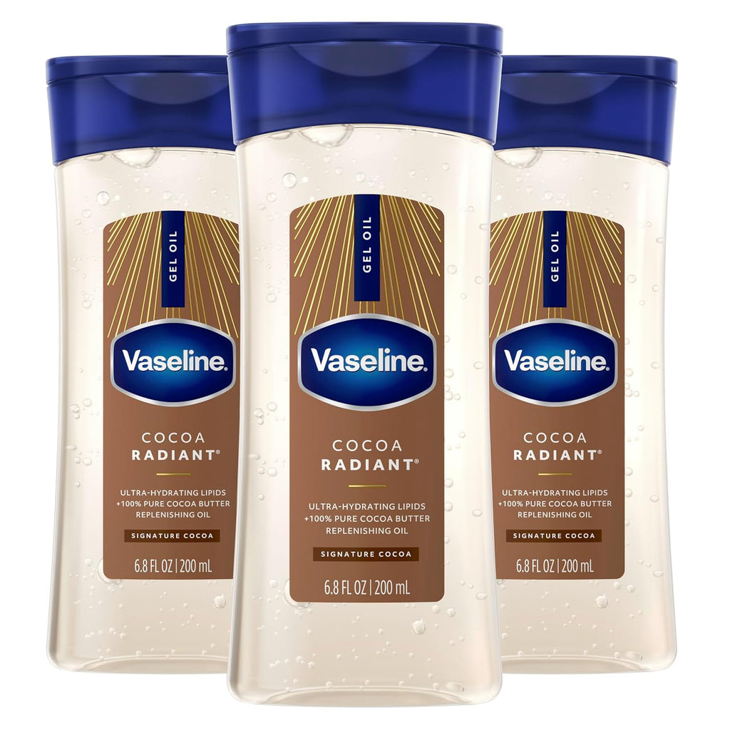 Vaseline Intensive Care Cocoa Radiant Pack Of 3 For Glowing Skin Body Gel Oil Made With Pure Cocoa Butter + Replenishing Oils 6.8 Fl Oz