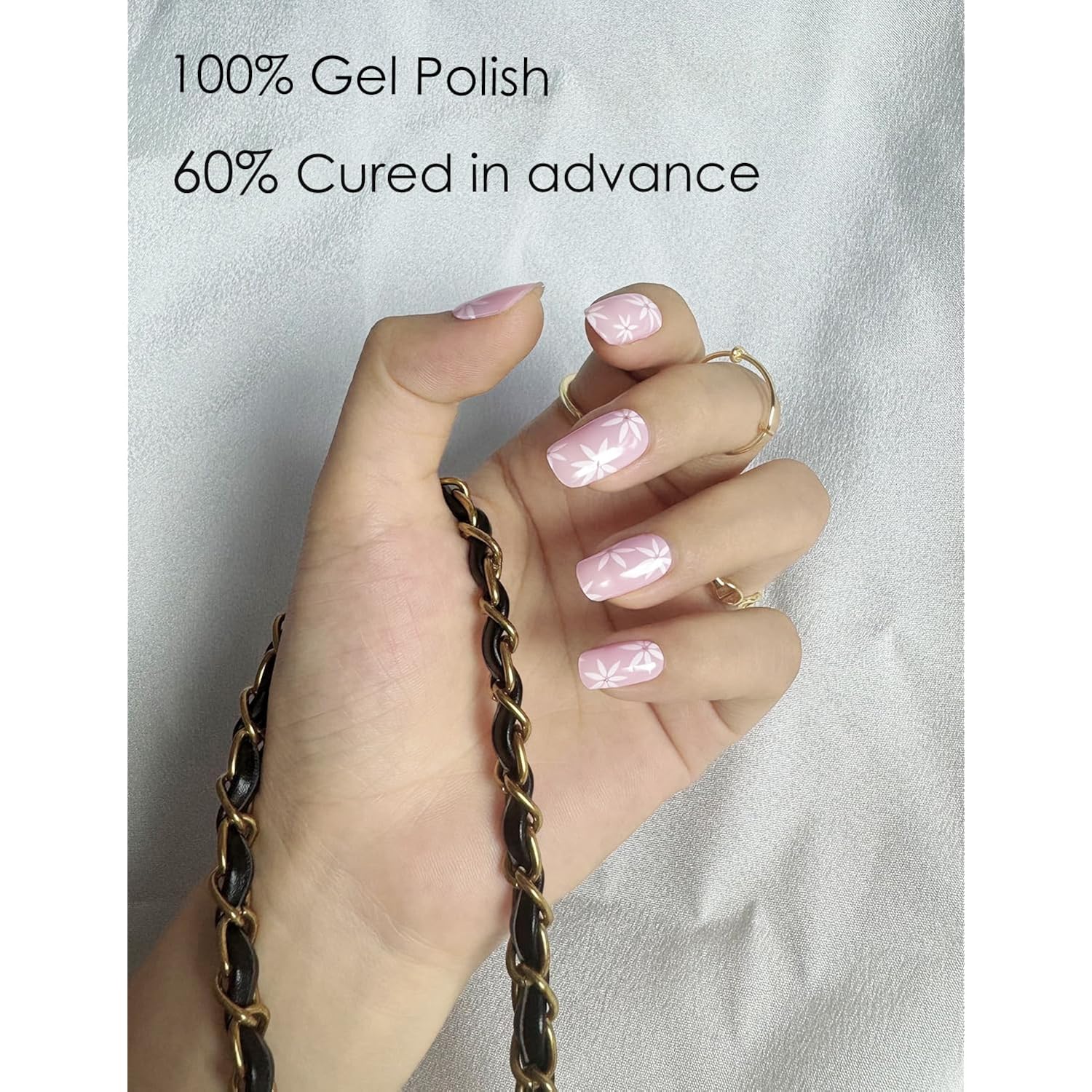 Semi Cured Gel Nail Strips, Pink Summer Flower 20pcs Semi Cured Gel Nails Sticker, Gel Nail Wraps UV for Home Nails DIY