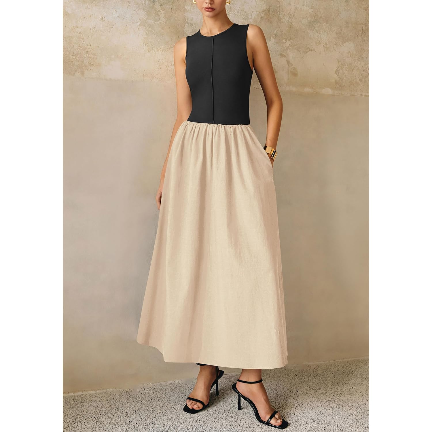 Prettygarden Maxi Dresses For Women 2026 Summer Casual Sleeveless Patchwork Flowy Vacation Sundress Knit Long Work Tank Dress