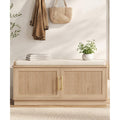39.4" Fluted Shoe Storage Bench 2 Doors Wooden Entryway Bench Oak | 2 Tier Shoe Bench With Padded Cushion, Adjustable Shelves And 2 Doors, Curved Profile, For Hallway, Living Room, Bedroom