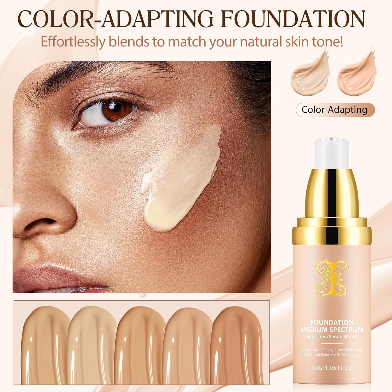 Foundation 4 In 1 - Medium Spectrum With Spf 50+, Anti-Aging, Concealer, Sun Protection, Hydrating Color Changing Foundation Makeup Liquid - Longwearing & Waterproof For Sport, Dancing (Gym, 30Ml)