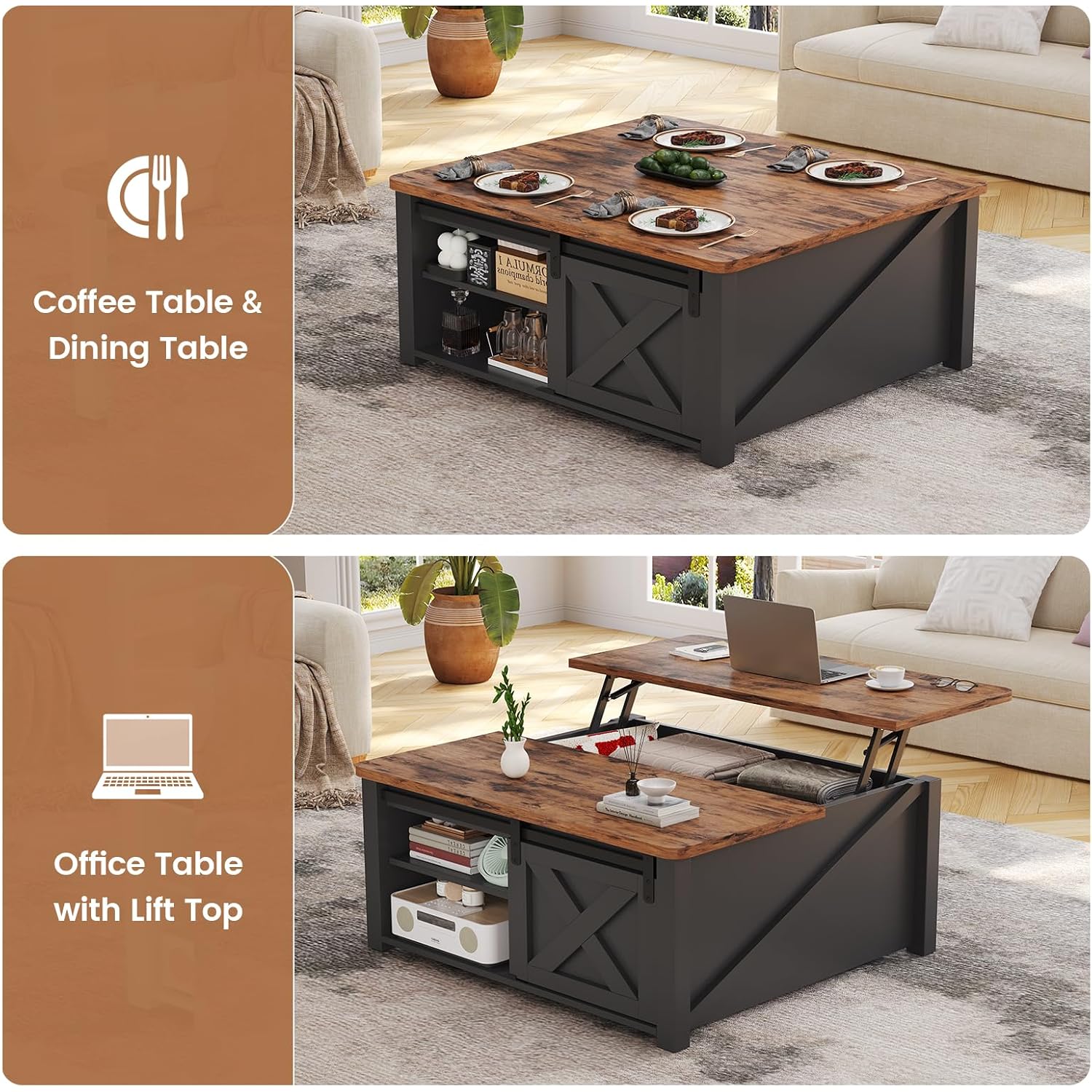 Sedeta 31.5" Lift Top Coffee Table With Storage, Square Coffee Tables For Living Room, Farmhouse Coffee Table With Large Hidden Storage Compartment And Adjustable Shelves, Black