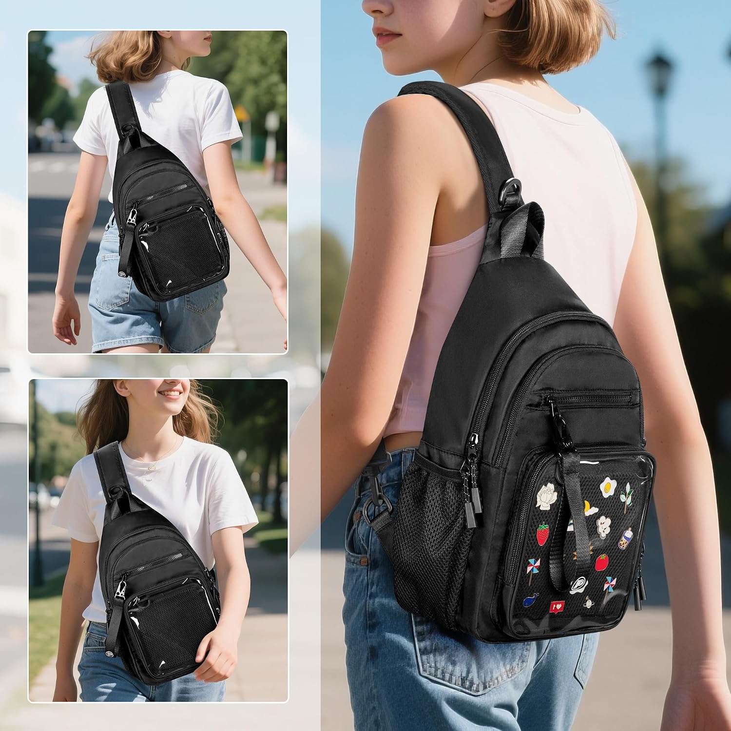 Ita Bag Crossbody Pin Display Sling Bag With Insert, Ita Chest Pack Backpack With Clear Pocket For Trading Pins, Comic Con, Travel, Black
