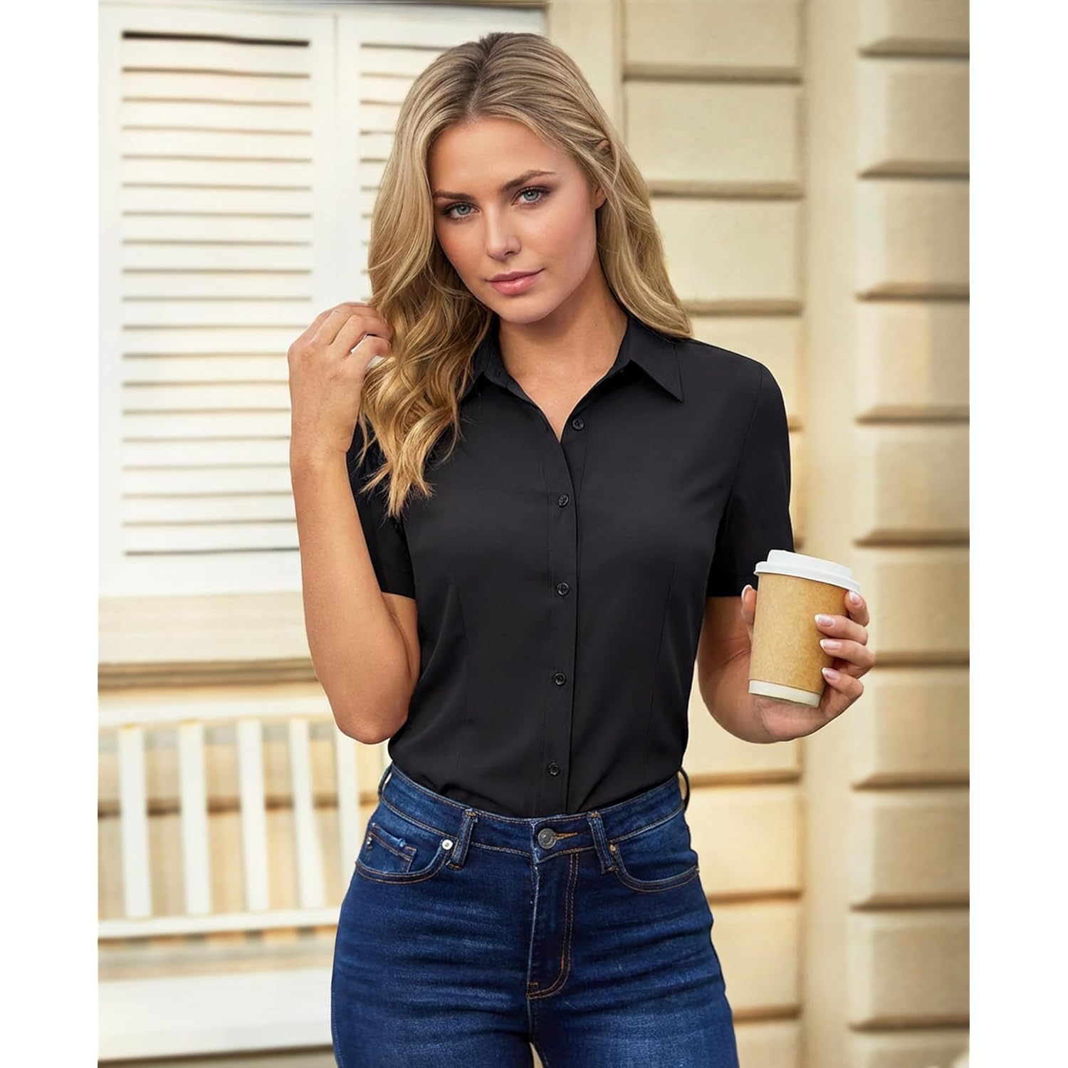 Button Down Shirts for Women Short Sleeve Dress Shirt Stretch Wrinkle Free Business Casual Office Blouse Work Tops