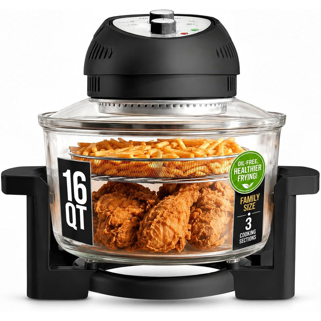 Granitestone 16 Qt Large Glass Air Fryer Non Toxic, Black | Pfoa/Ptfe/Bpa Free, Large Family Sized Airfryer Cooker With 3 Cooking Sections, No Preheat, Self Cleaning, Dishwasher Safe